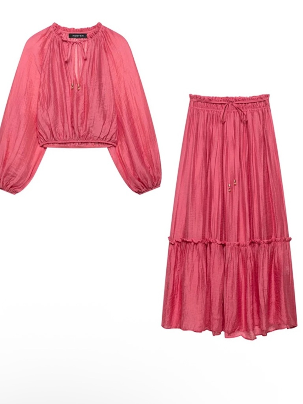 Zara wrinkle effect co-ord set crop top maxi skirt ruffles boho blouson sleeves
